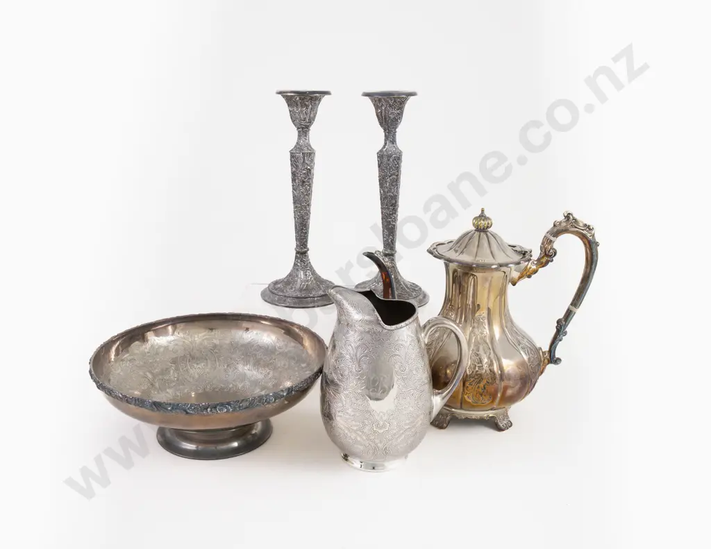 S/P Coffee Pot, Water Jug, Fruit Bowl & Pair Candlesticks Image 1++