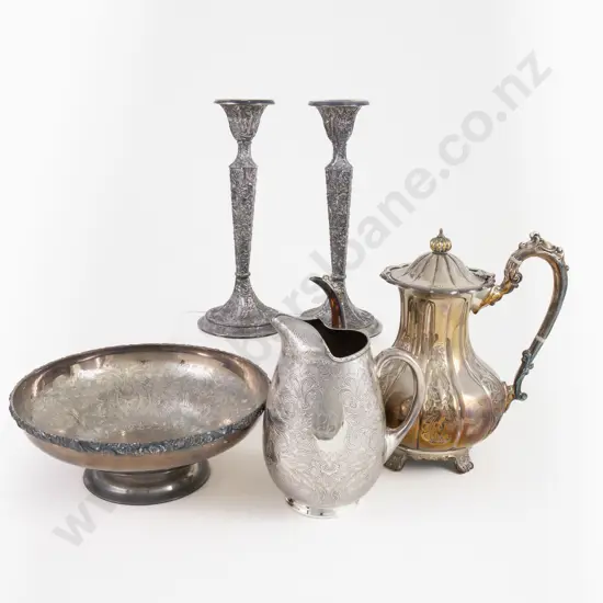 S/P Coffee Pot, Water Jug, Fruit Bowl & Pair Candlesticks