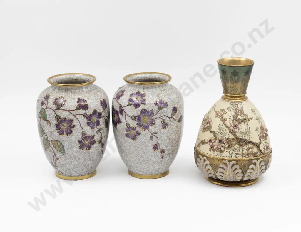 Pair German Schumann Crackle Glaze Vases & Japanese Ornate Floral Vase Image 1++