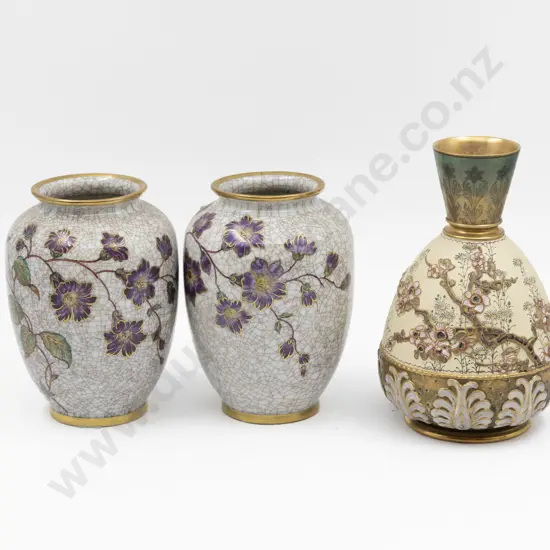 Pair German Schumann Crackle Glaze Vases & Japanese Ornate Floral Vase