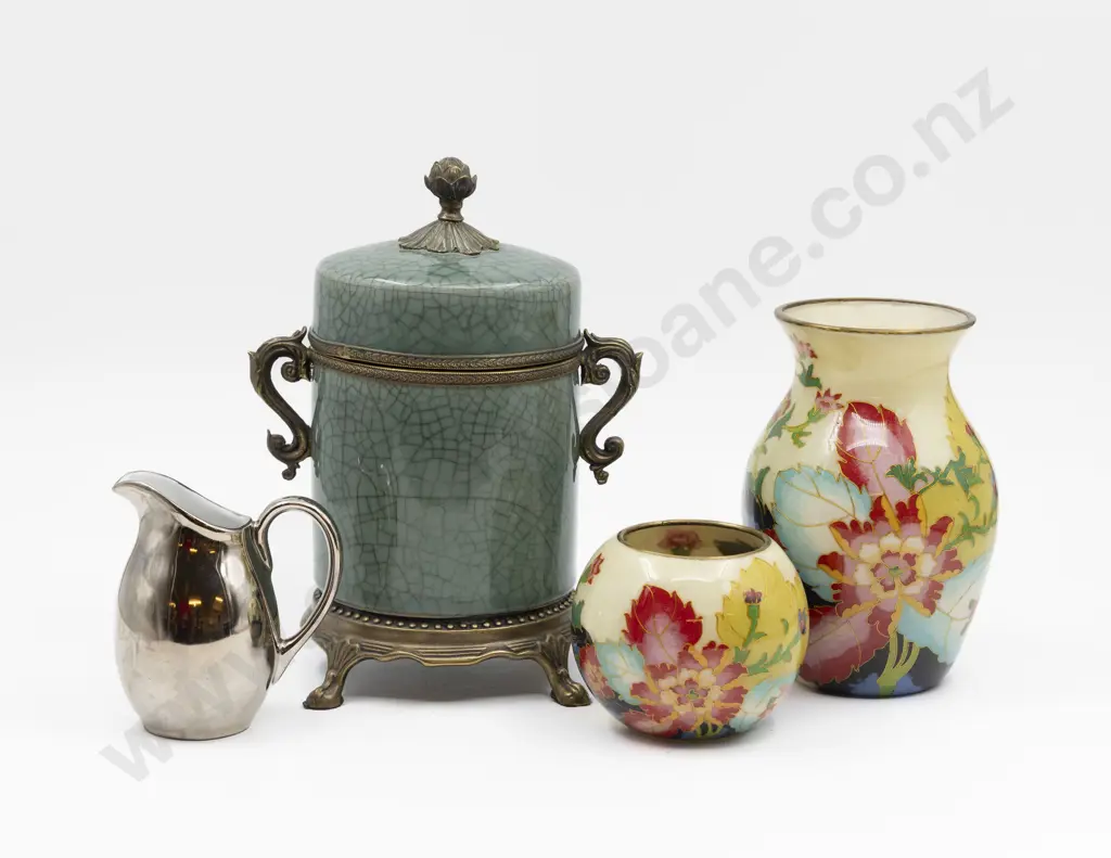 Celadon Crackle Glaze metal Mounted Jar With Tow Other Vases & Worcester Jug Image 1++