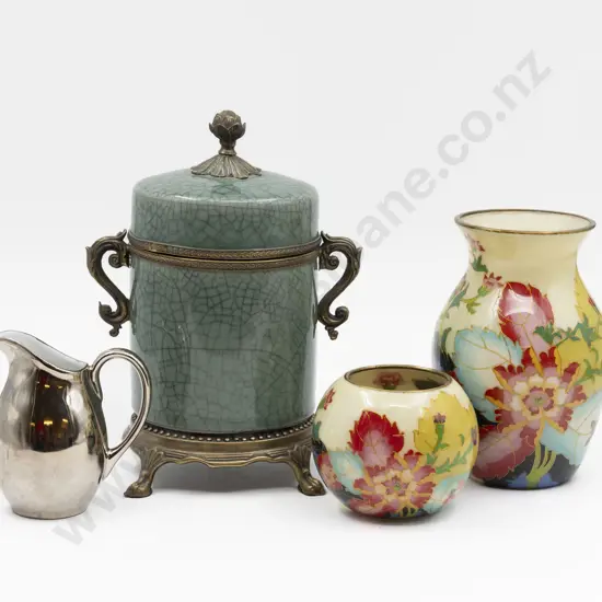 Celadon Crackle Glaze metal Mounted Jar With Tow Other Vases & Worcester Jug