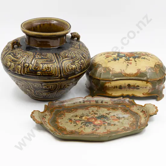 Taiwanese Archaic Form Vase Lacquered Tray & Jewel Box
