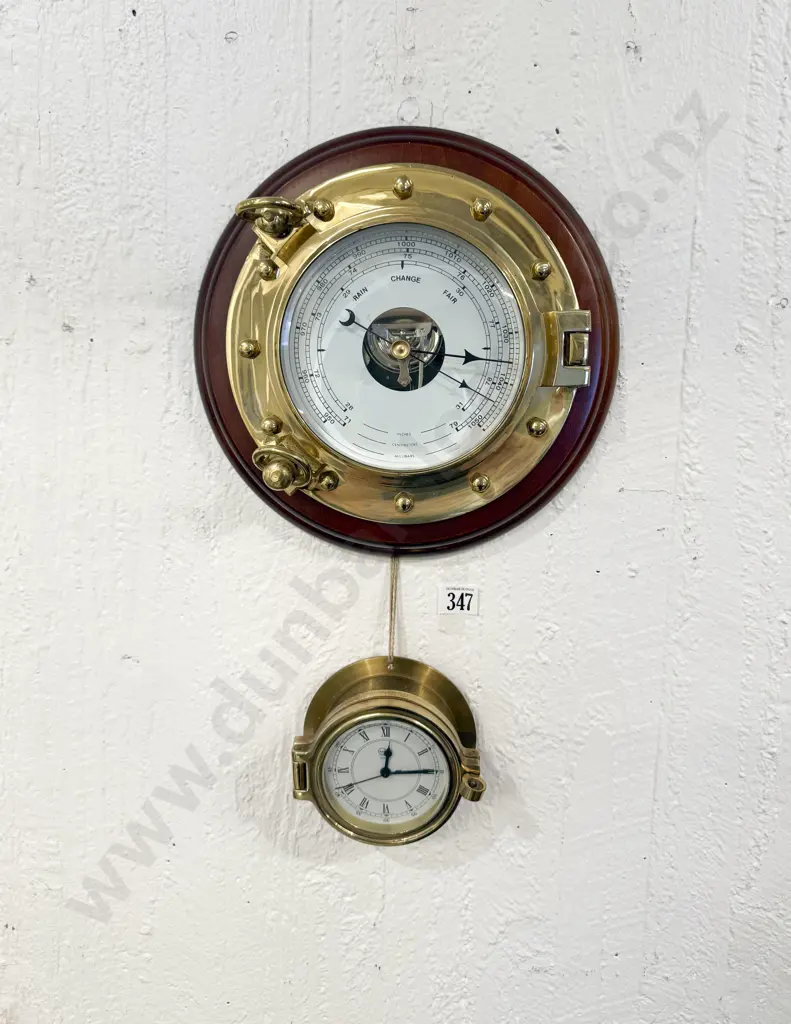 Porthole Brass Framed Barometer & Similar Clock (a/f) Image 1++