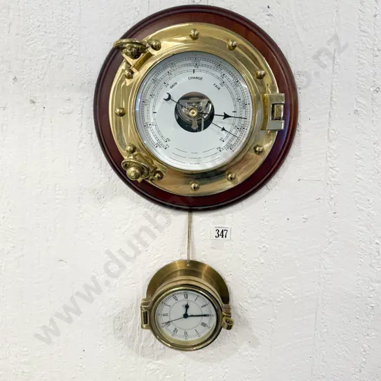 Porthole Brass Framed Barometer & Similar Clock (a/f)