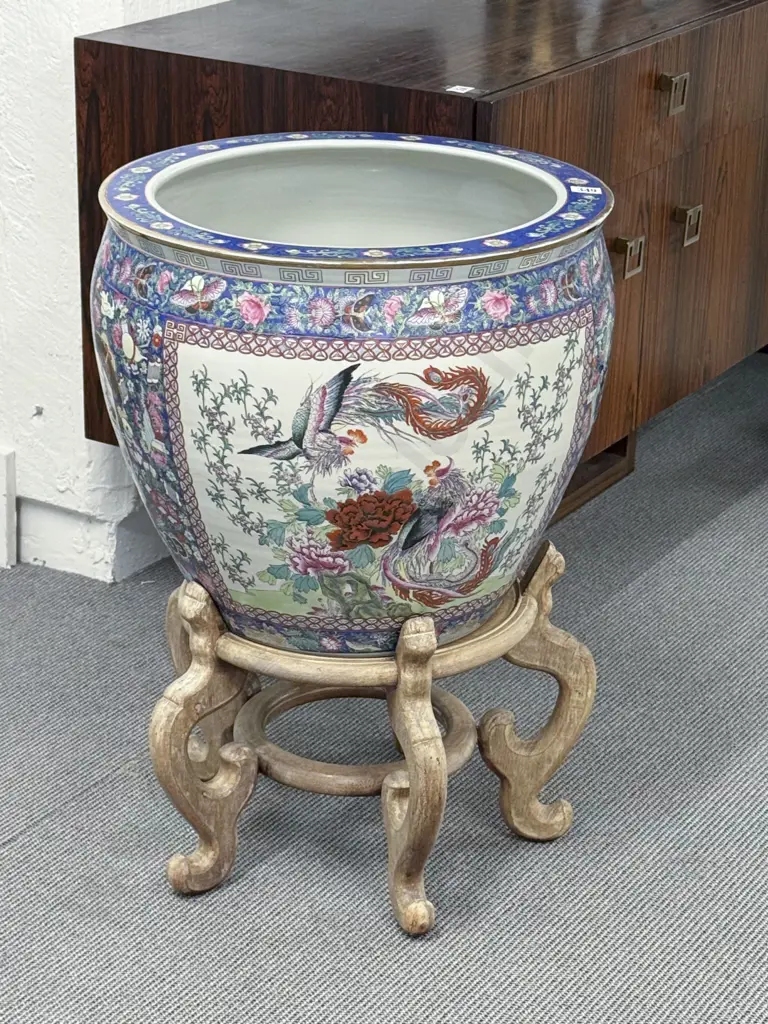 Pair Cantonese Famille Rose Fish Bowls on Wooden Stands Image 1++
