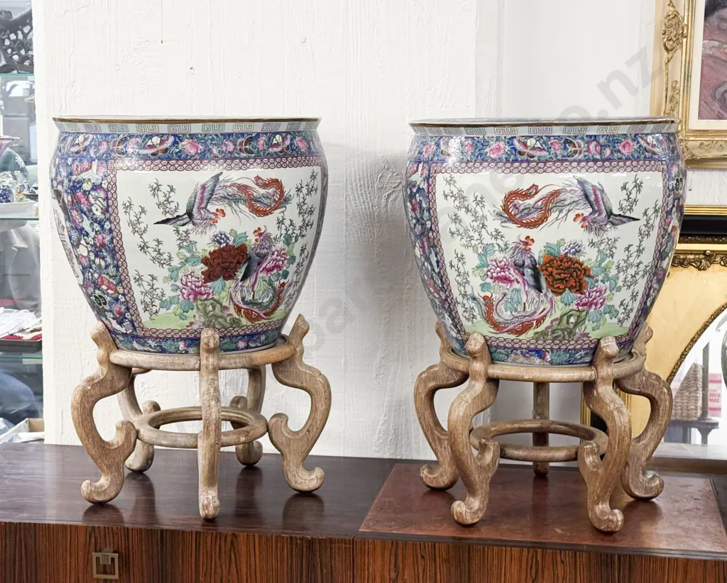 Pair Cantonese Famille Rose Fish Bowls on Wooden Stands Image 1++