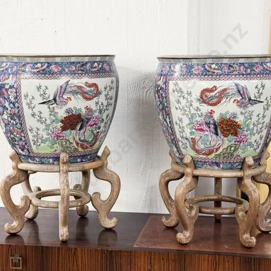 Pair Cantonese Famille Rose Fish Bowls on Wooden Stands