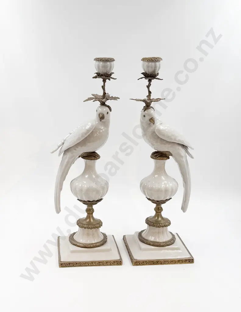 Pair White Ceramic & Gilt Metal Bird Form Candlesticks Image 1++