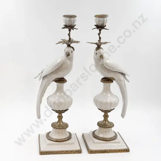 Pair White Ceramic & Gilt Metal Bird Form Candlesticks