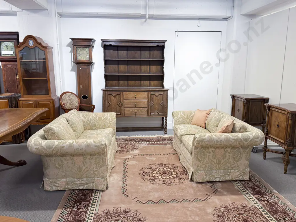 Pair Chesterfield Style Floral Silk Upholstered Two-Seat Sofas Image 1++