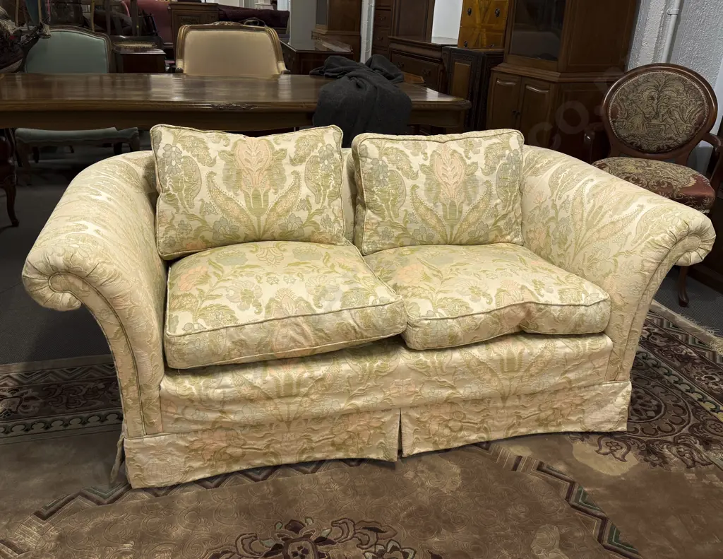 Pair Chesterfield Style Floral Silk Upholstered Two-Seat Sofas Image 1++