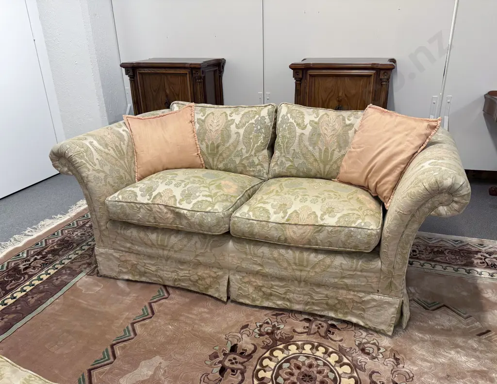 Pair Chesterfield Style Floral Silk Upholstered Two-Seat Sofas Image 1++