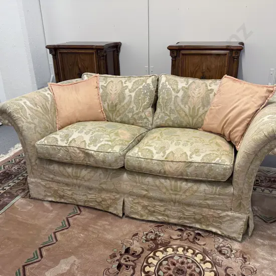 Pair Chesterfield Style Floral Silk Upholstered Two-Seat Sofas