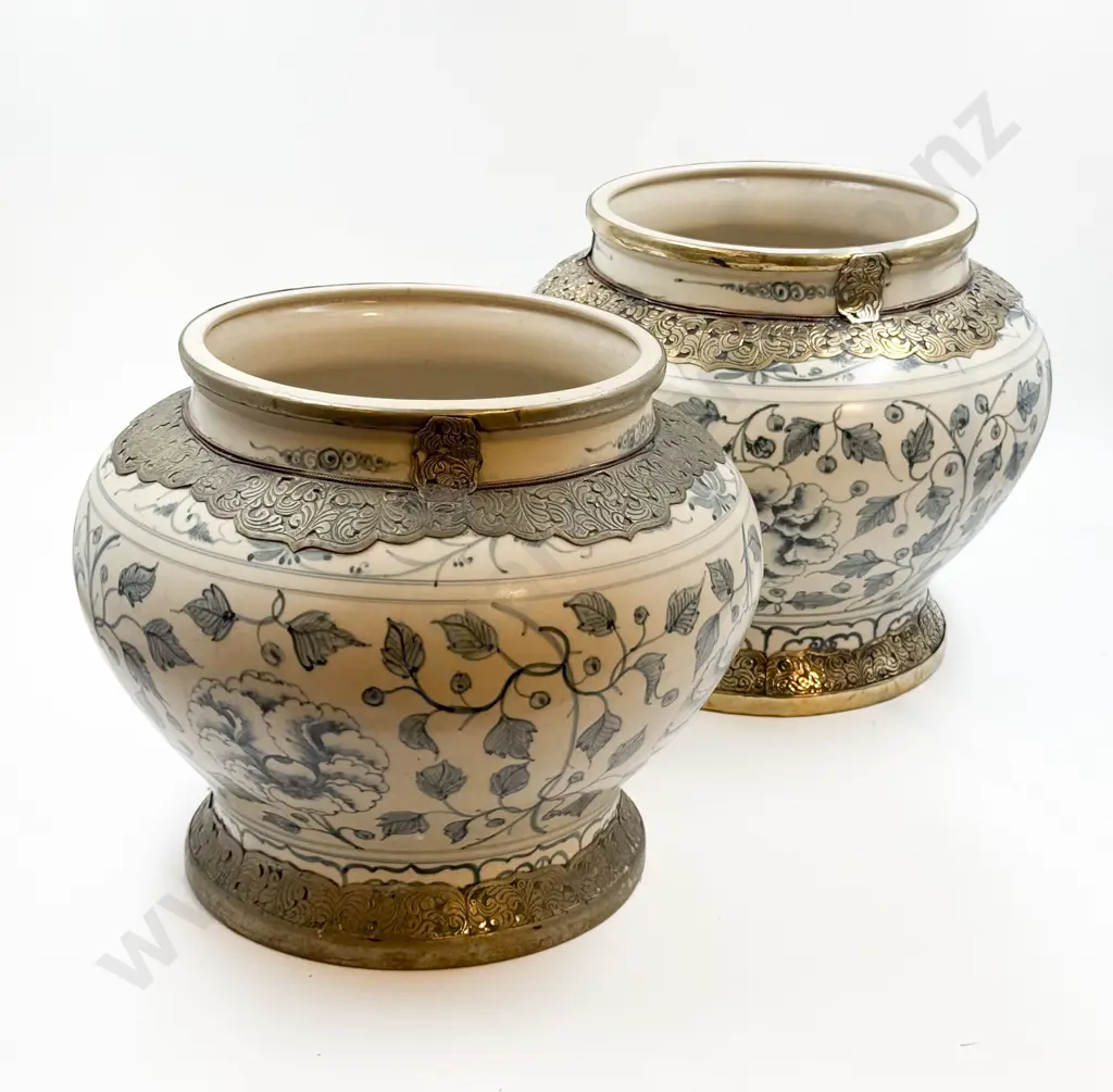 Pair Chinese Blue & White & Gilt Metal Mounted Jardinieres Image 1++