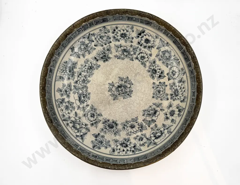 Large Chinese Blue & White Floral Dish with Gilt Metal Rim Image 1++