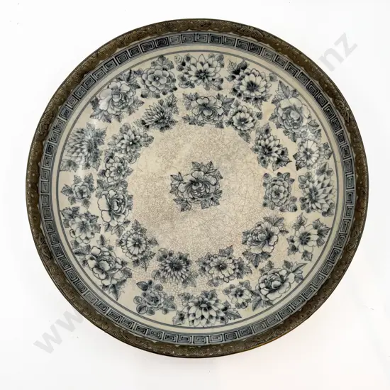 Large Chinese Blue & White Floral Dish with Gilt Metal Rim