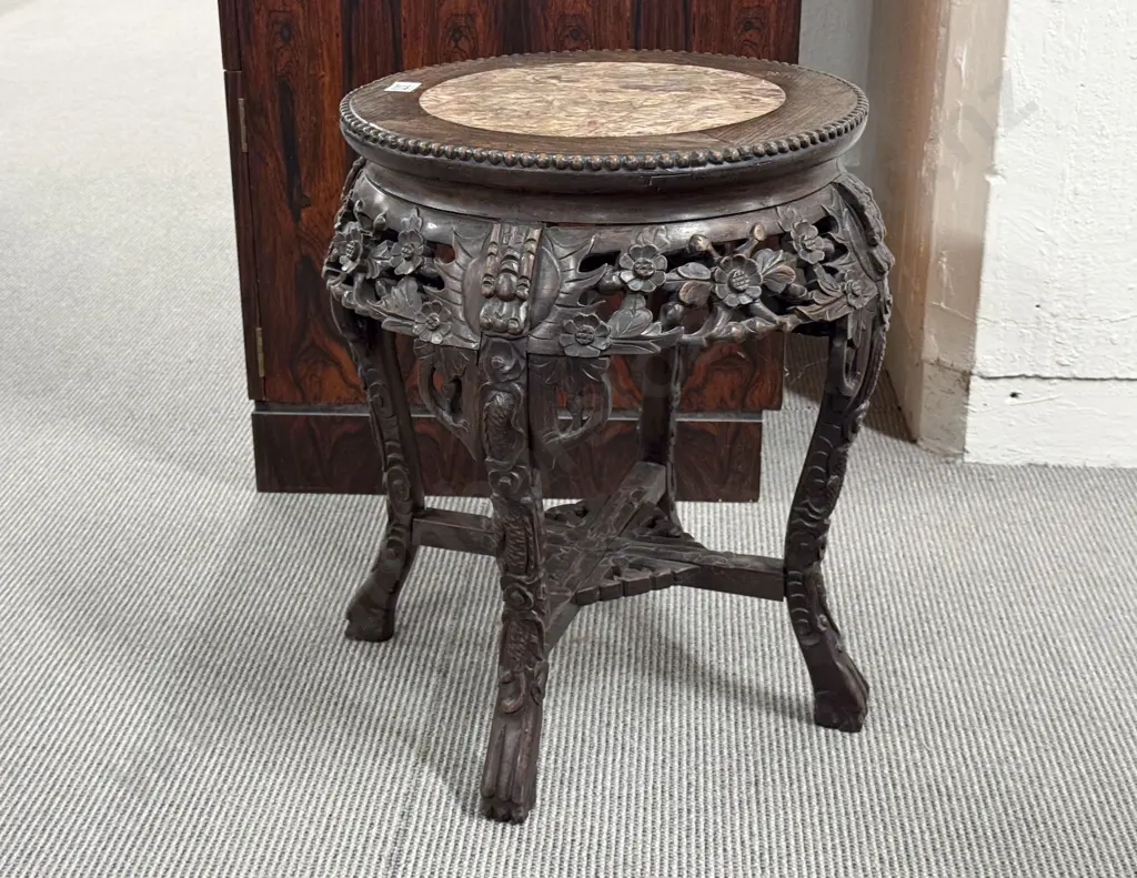 Chinese Padoukwood & Rouge Marble Top Jardiniere Stand Image 1++