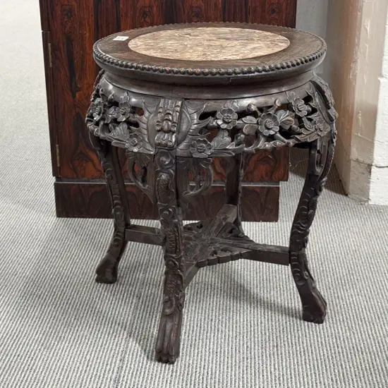 Chinese Padoukwood & Rouge Marble Top Jardiniere Stand