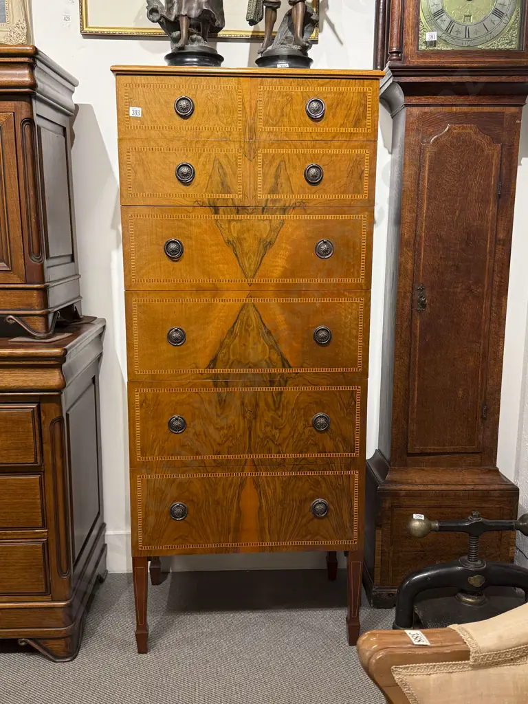 Walnut & Inlaid Eight Drawer Tallboy Image 1++