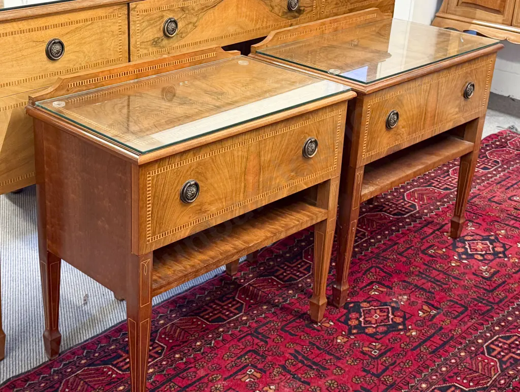 Pair Walnut & Inlaid Single Drawer Bedside Cabinets Image 1++