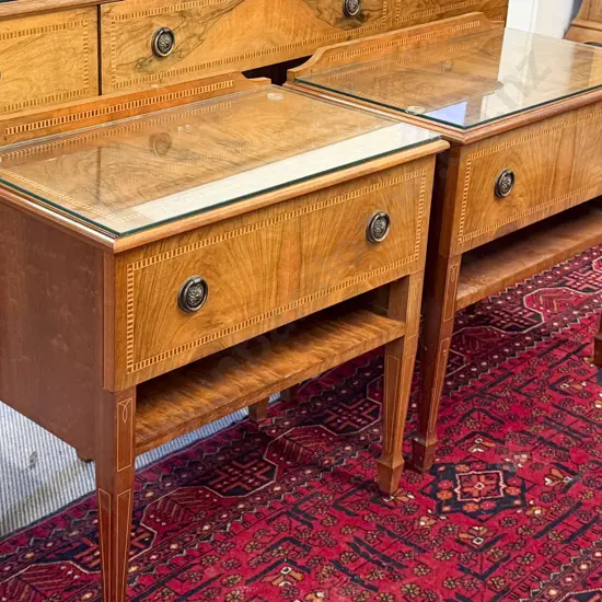 Pair Walnut & Inlaid Single Drawer Bedside Cabinets