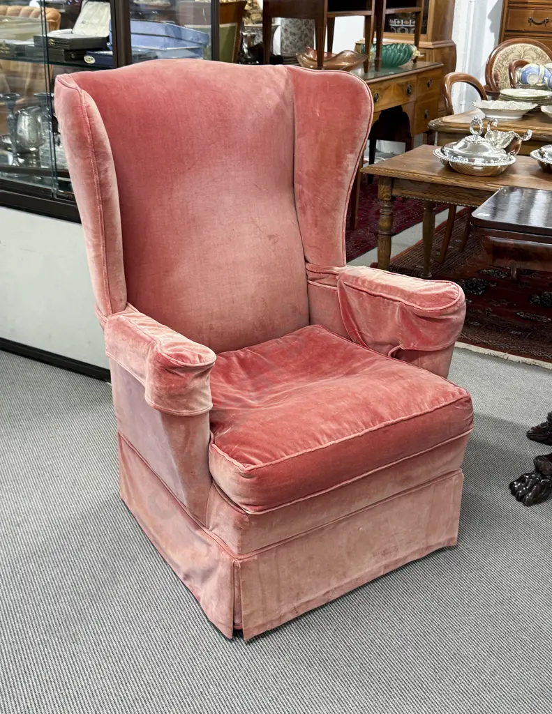 Pink Velvet Upholstered Wing Armchair Image 1++