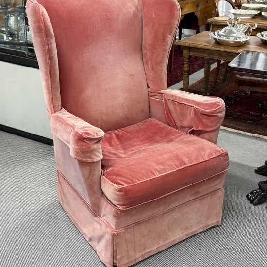 Pink Velvet Upholstered Wing Armchair
