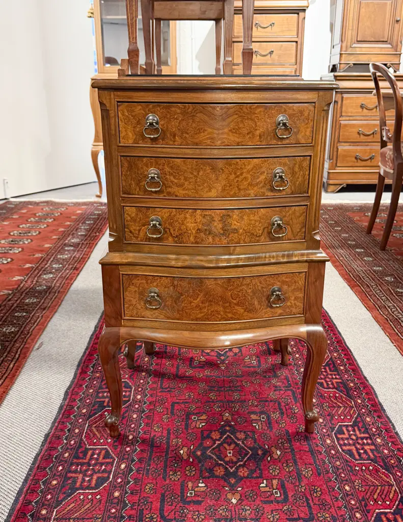 Small Burr Walnut Serpentine Four Draw Side Cabinet Image 1++