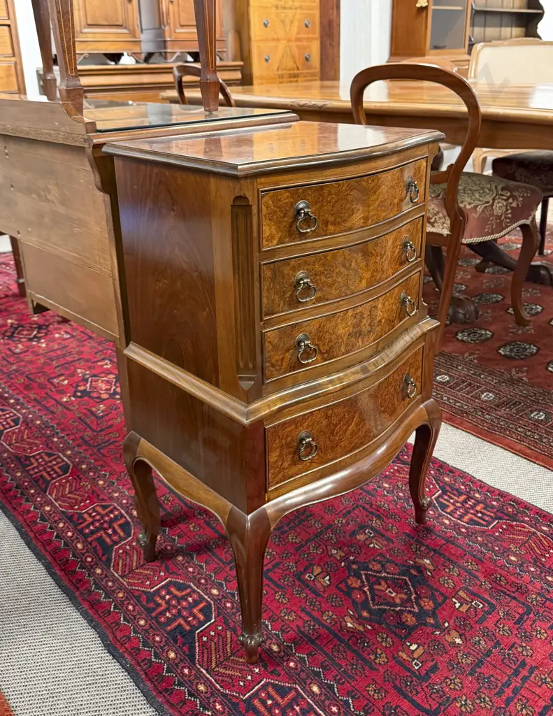 Small Burr Walnut Serpentine Four Draw Side Cabinet Image 1++