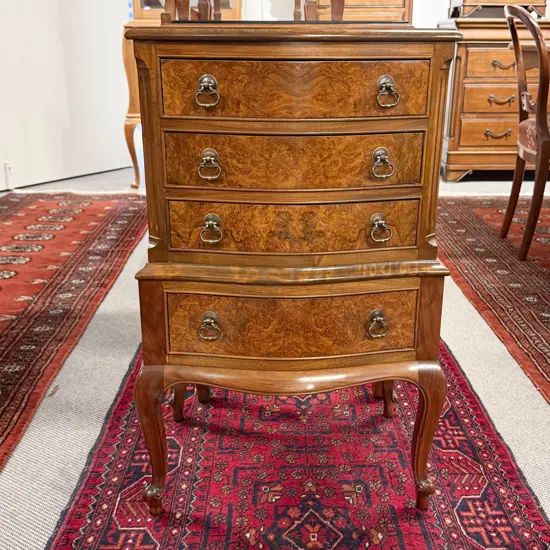 Small Burr Walnut Serpentine Four Draw Side Cabinet