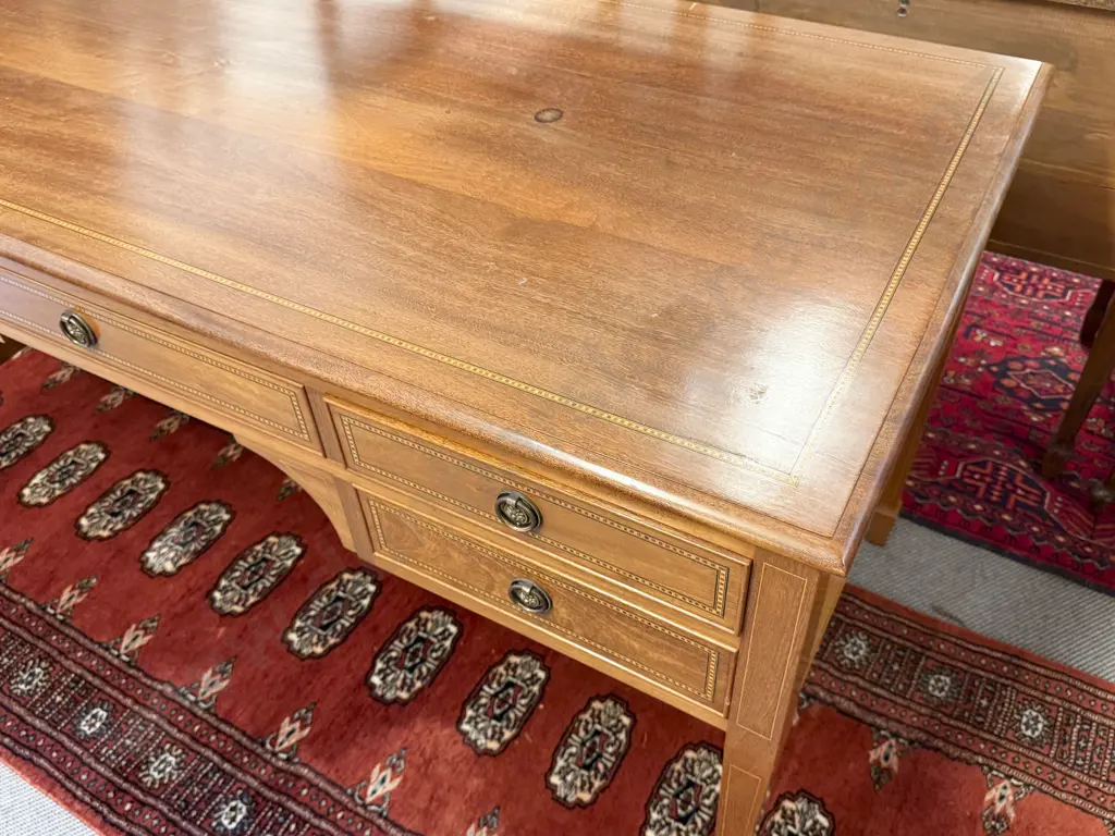 Mahogany & Inlaid Five Drawer Kneehole Desk Image 1++