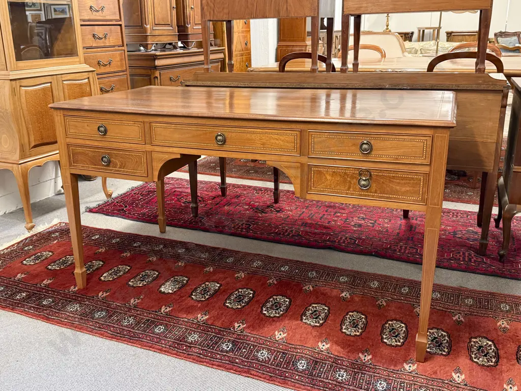 Mahogany & Inlaid Five Drawer Kneehole Desk Image 1++