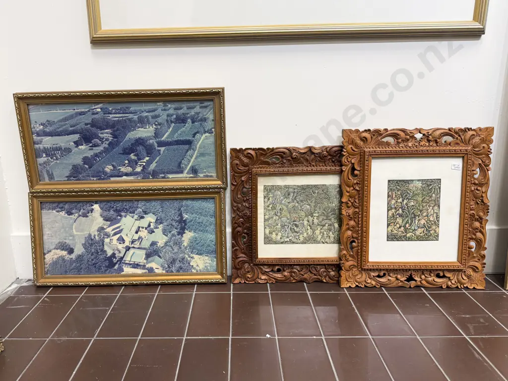 Pair of Balinese Carved Frame Prints & Two Early Aerial NZ Photographs Image 1++