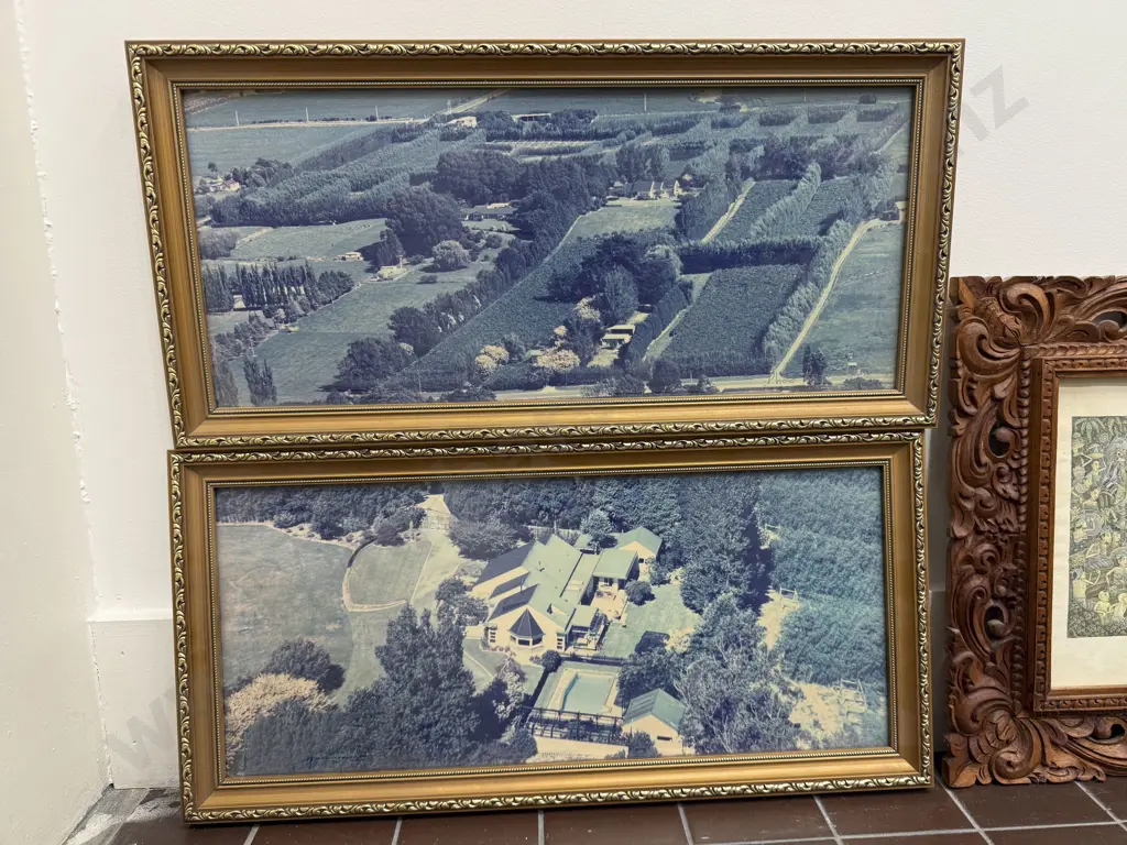 Pair of Balinese Carved Frame Prints & Two Early Aerial NZ Photographs Image 1++