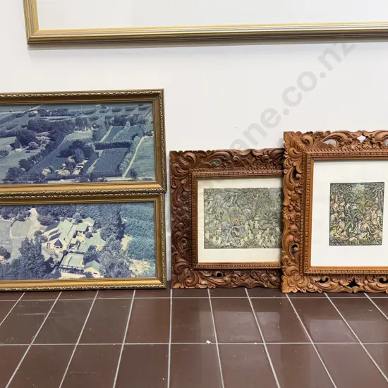 Pair of Balinese Carved Frame Prints & Two Early Aerial NZ Photographs