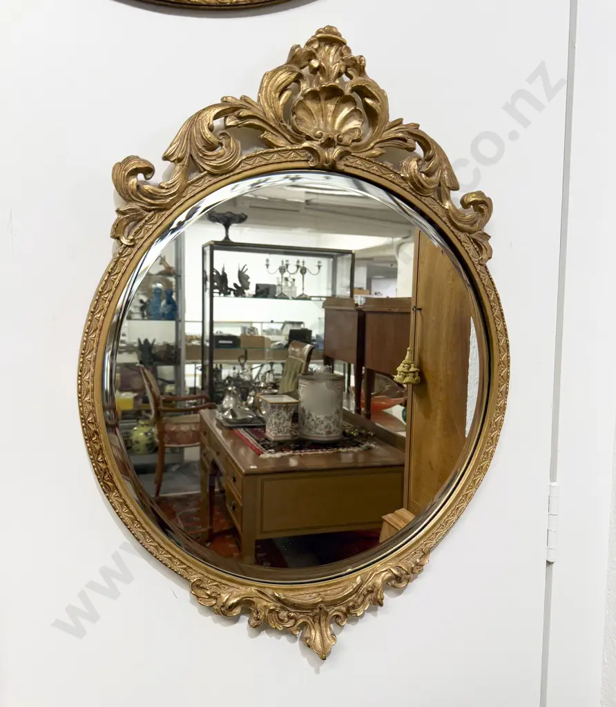 Gilt Framed Circular Bevel Mirror with Shell & Scroll Cresting Image 1++