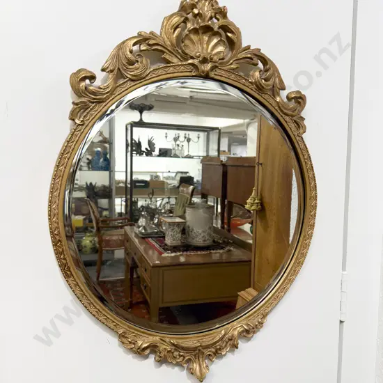 Gilt Framed Circular Bevel Mirror with Shell & Scroll Cresting