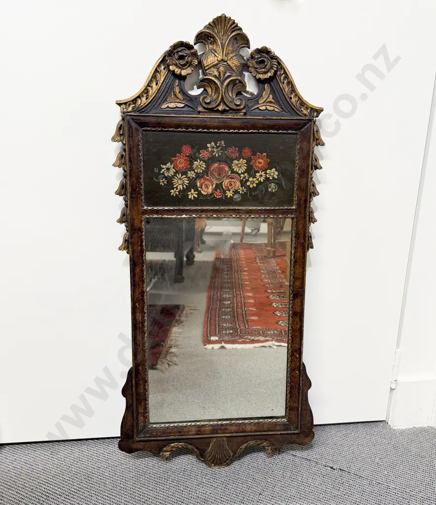 Early C19th Walnut & Parcel Gilt Wall Mirror with Floral Painted Frieze Image 1++