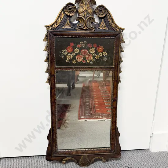 Early C19th Walnut & Parcel Gilt Wall Mirror with Floral Painted Frieze