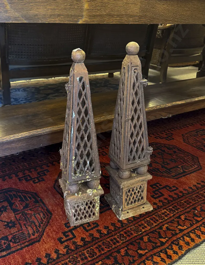 Pair Cast Iron Obelisk Form Candle Holders Image 1++