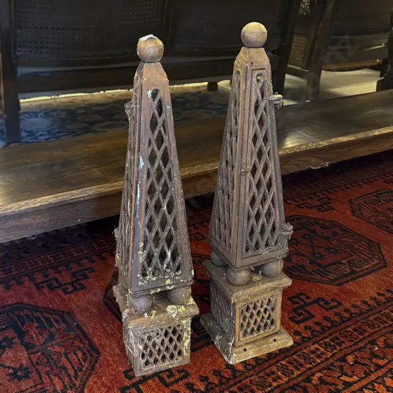 Pair Cast Iron Obelisk Form Candle Holders