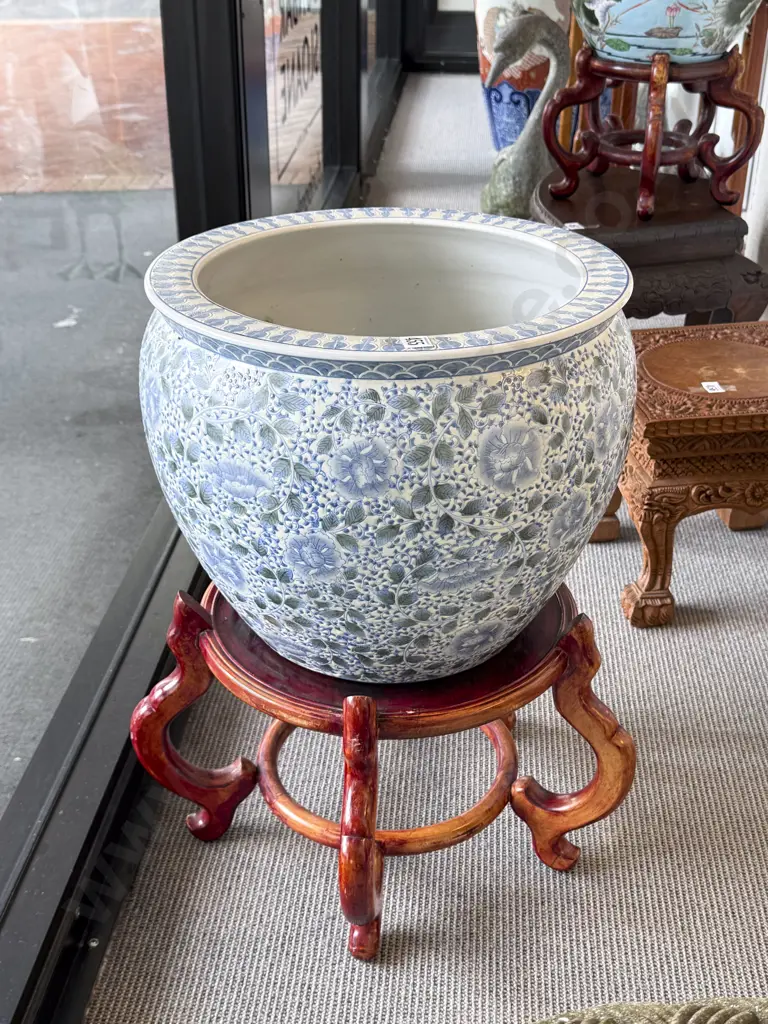 Modern Chinese Fish Bowl on Hardwood Stand Image 1++