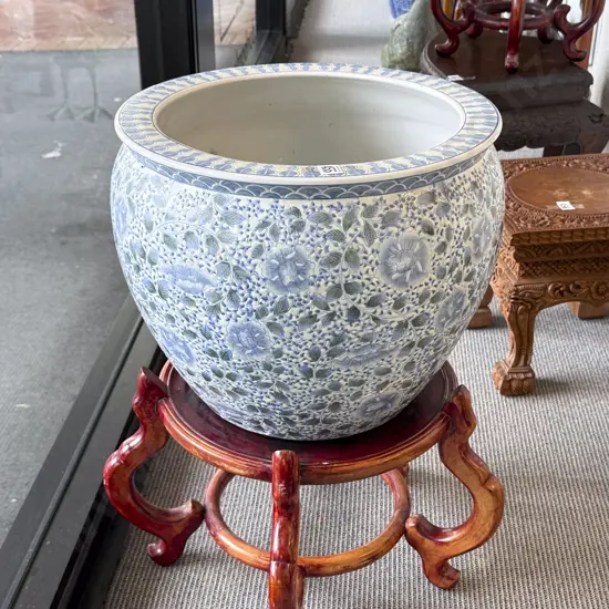Modern Chinese Fish Bowl on Hardwood Stand