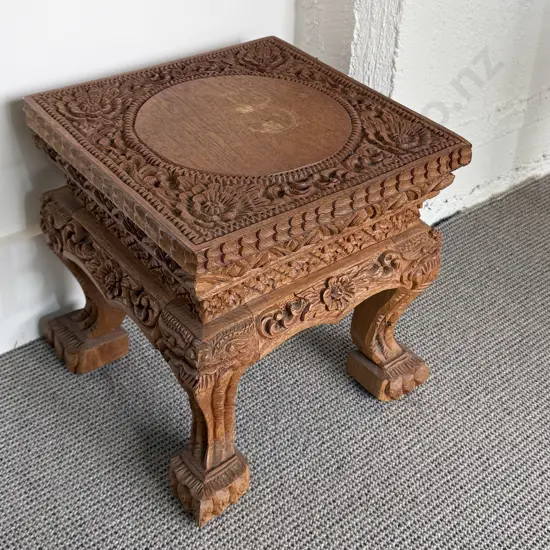 Small Floral Carved Teak Jardiniere Stand