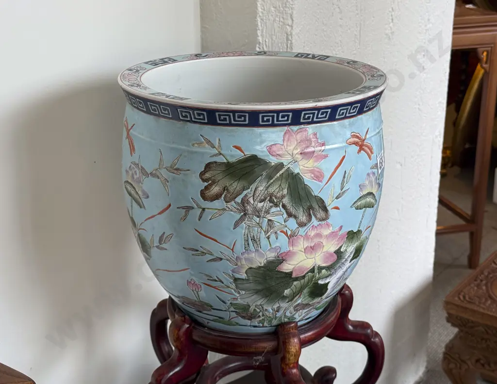 Modern Chinese Jardiniere on Hardwood Stand Image 1++