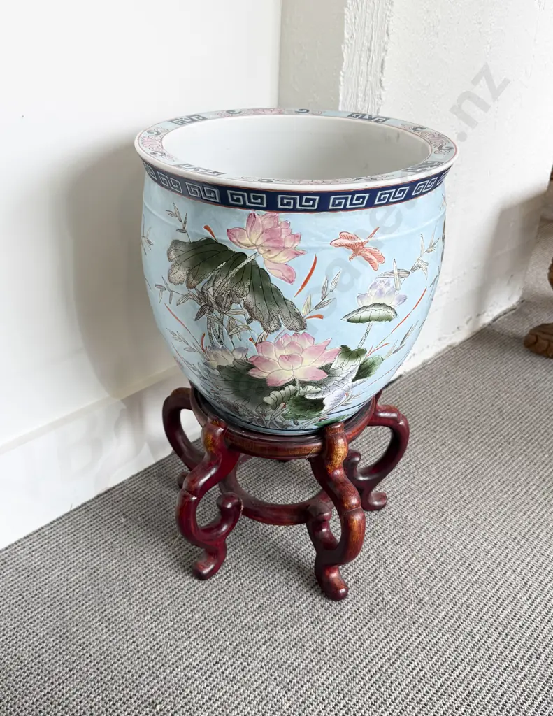 Modern Chinese Jardiniere on Hardwood Stand Image 1++