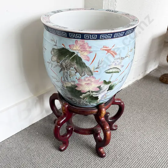 Modern Chinese Jardiniere on Hardwood Stand