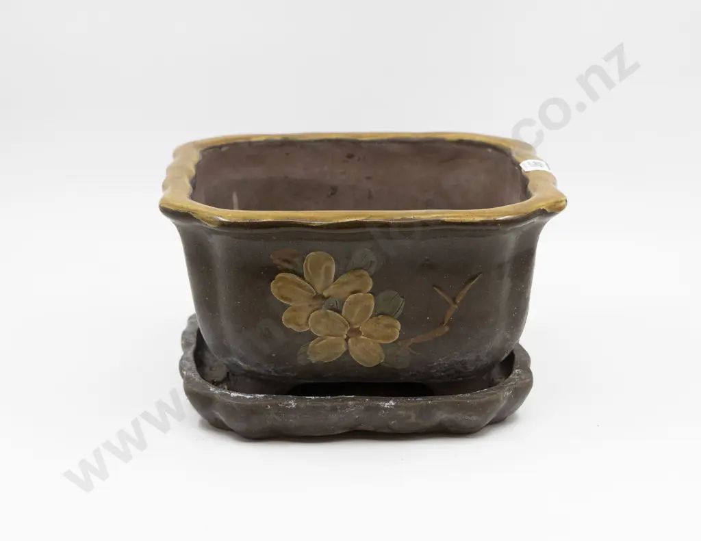 Chinese Square Shaped Ceramic Planter & Drip Tray Image 1++