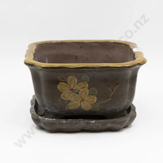 Chinese Square Shaped Ceramic Planter & Drip Tray